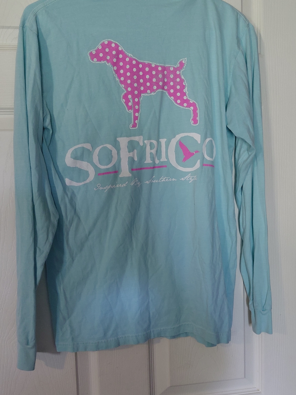 Southern Fried Cotton Light Blue Long Sleeve Tee with Pink Polka-Dot Dog